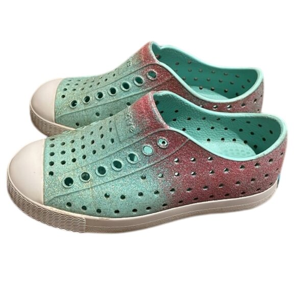 Native Jefferson Turquoise Pink Glitter Waterproof Sneaker Shoe Child Size C10 - Picture 1 of 12